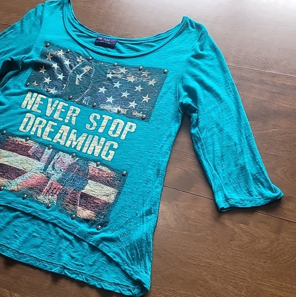Y2K turquoise blue Top Never Stop Dreaming Patriotic Flag Size S 4th of July - Picture 13 of 16